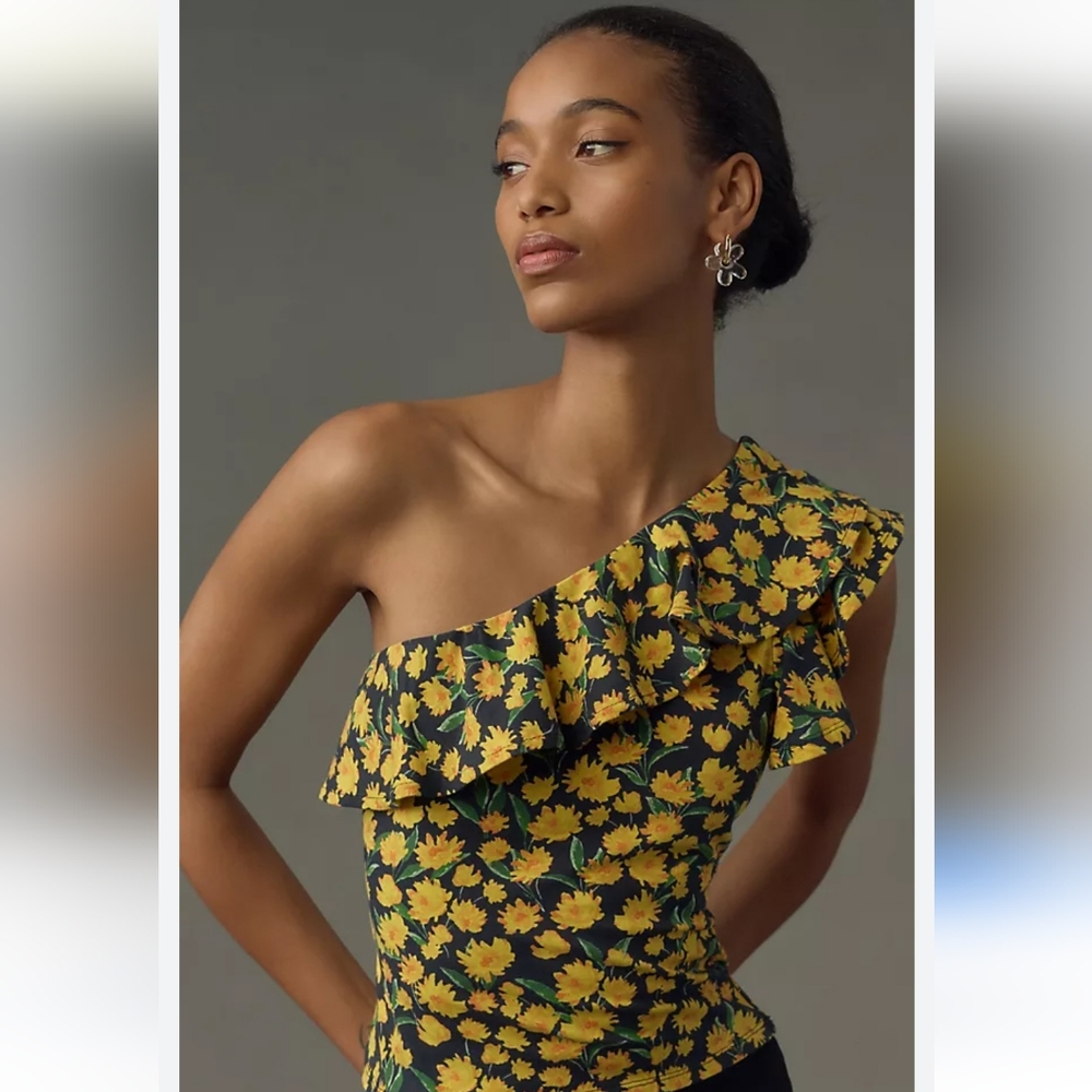 Anthropologie NWT Maeve Sunflower Print One Shoulder Ruffle Halter Top Size M